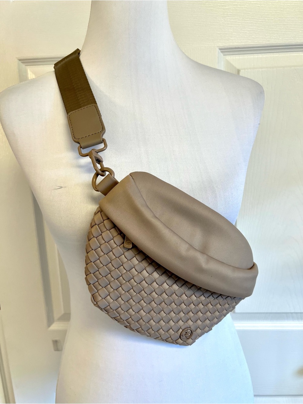 CALIA by Carrie Underwood Journey Woven Belt Bag taupe woven leather travel chic